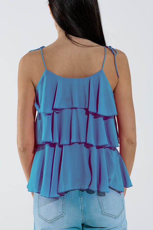 Ruffle Top WIth Thin straps in Blue - Tops