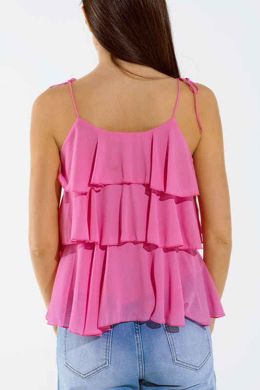 Ruffle Top WIth Thin straps in Fuchsia - Tops