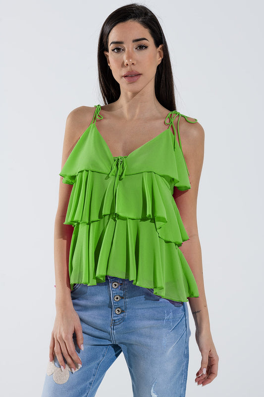 Ruffle Top WIth Thin straps in Green - Tops