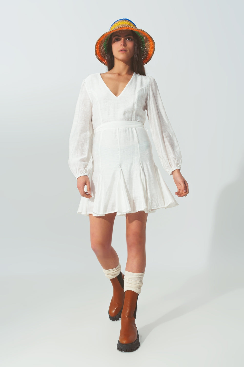 Ruffle V Neck Dress in White - Dresses