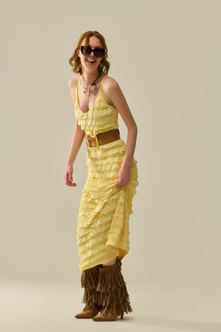 Robe longue à volants jaune avec bretelles
