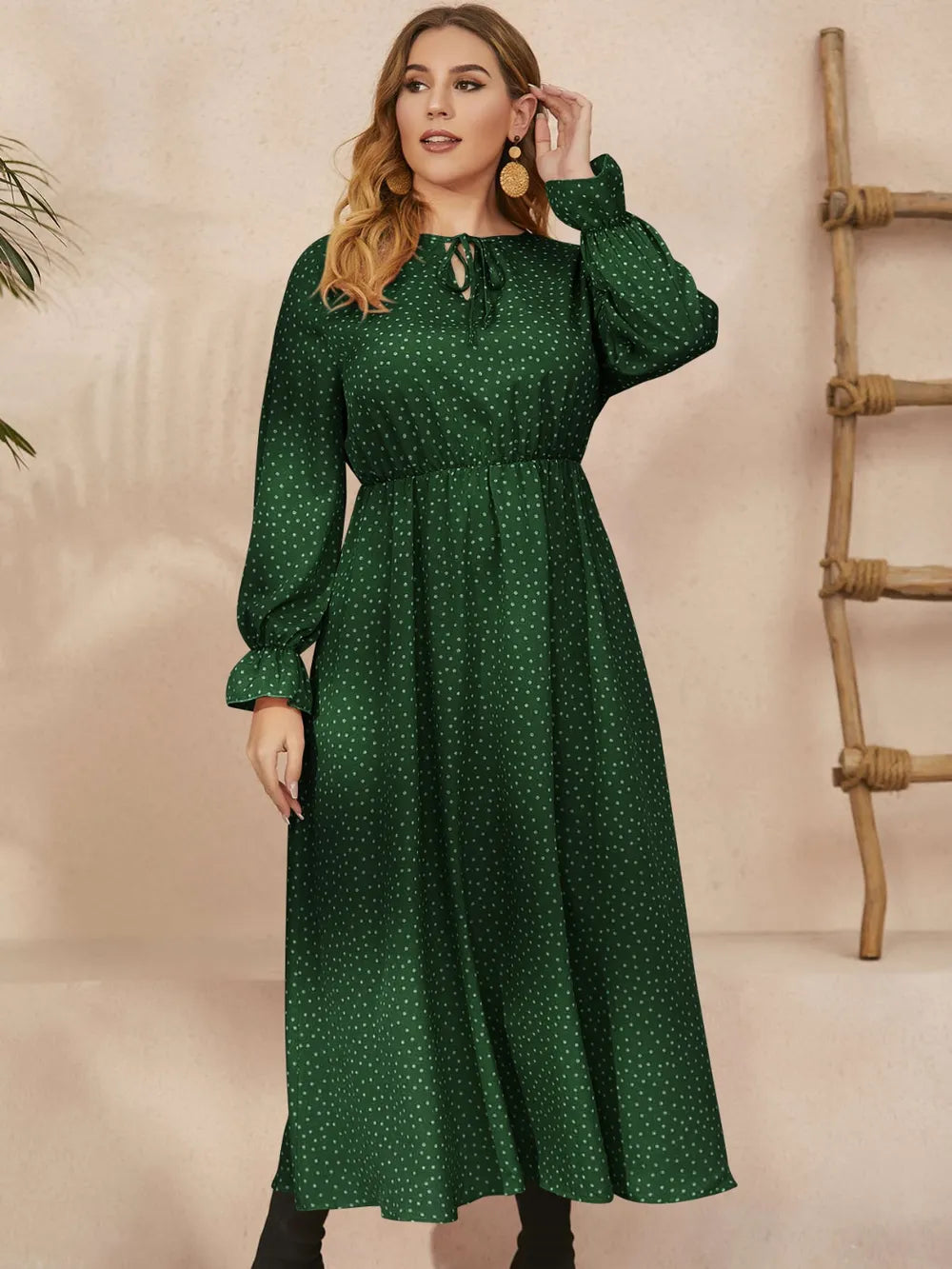 Honey Plus Size Ruffled Polka Dot Long Sleeve Midi Dress Dark Green - Dresses