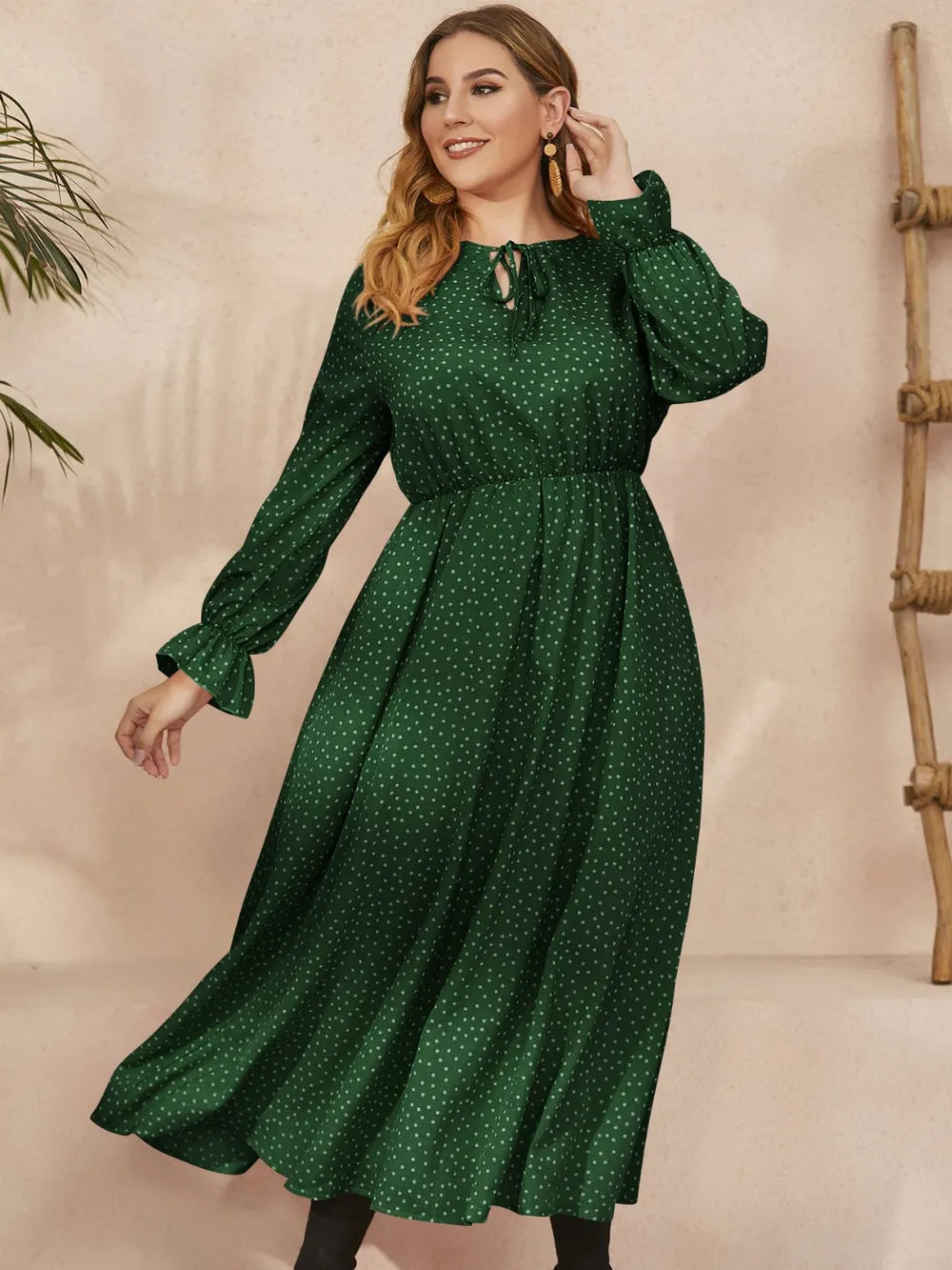 Honey Plus Size Ruffled Polka Dot Long Sleeve Midi Dress - Dresses