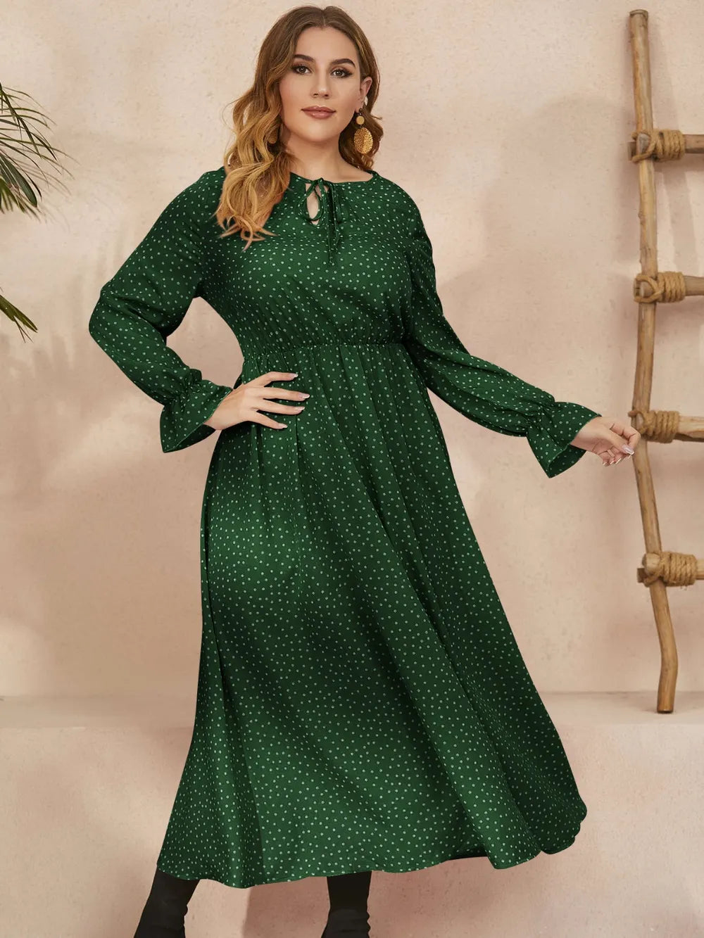 Honey Plus Size Ruffled Polka Dot Long Sleeve Midi Dress - Dresses