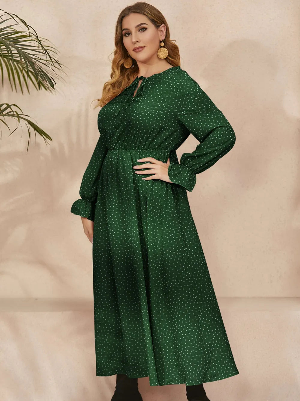 Honey Plus Size Ruffled Polka Dot Long Sleeve Midi Dress - Dresses