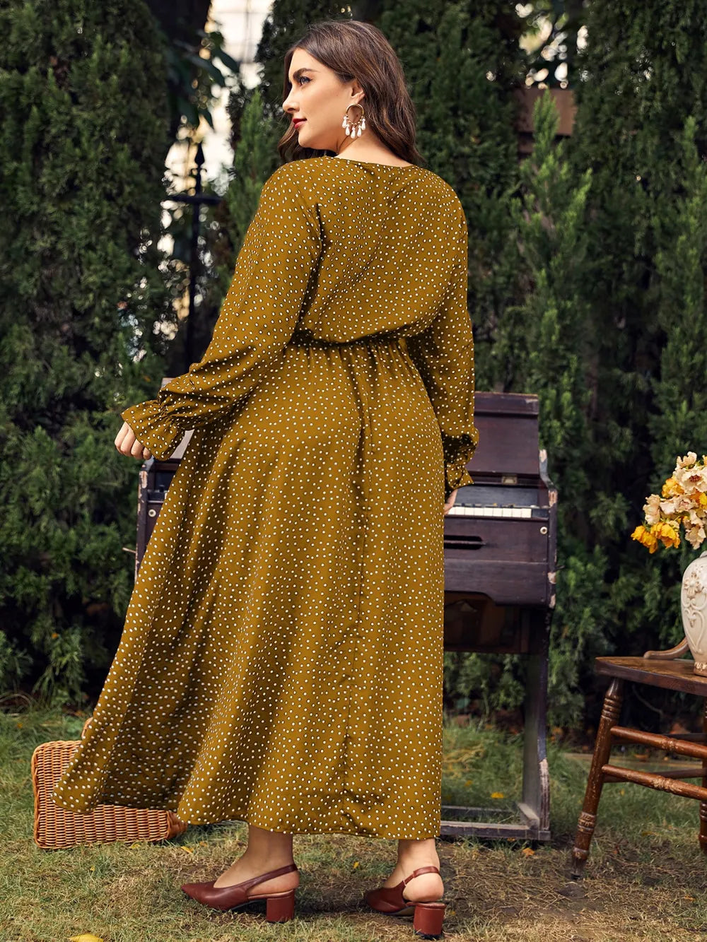 Honey Plus Size Ruffled Polka Dot Long Sleeve Midi Dress - Dresses