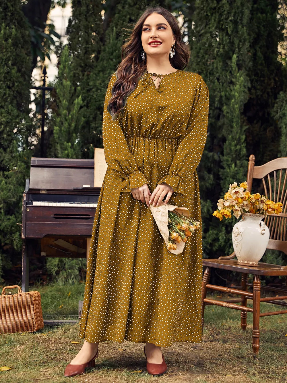 Honey Plus Size Ruffled Polka Dot Long Sleeve Midi Dress Olive - Dresses