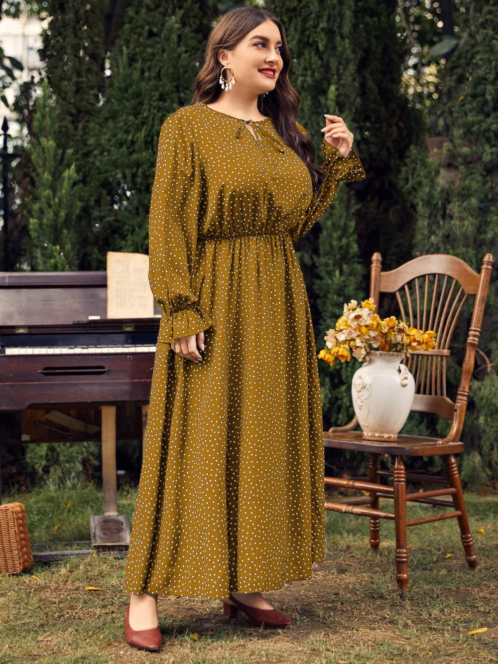 Honey Plus Size Ruffled Polka Dot Long Sleeve Midi Dress - Dresses