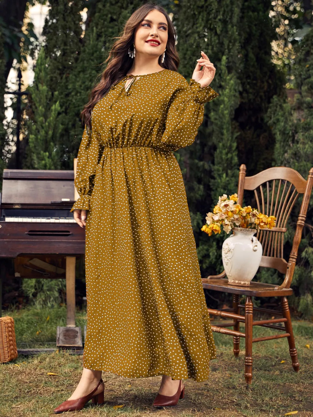 Honey Plus Size Ruffled Polka Dot Long Sleeve Midi Dress - Dresses