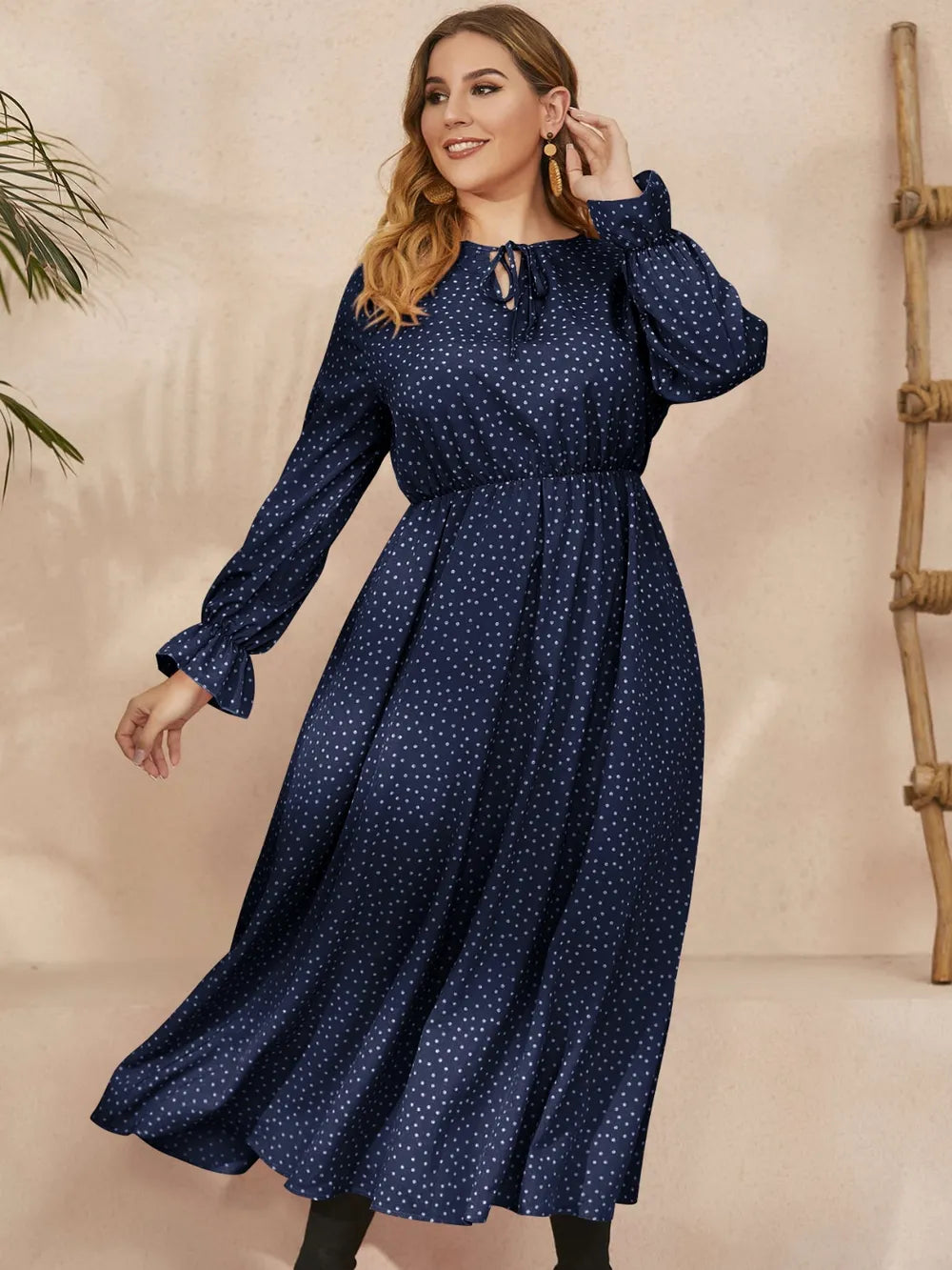 Honey Plus Size Ruffled Polka Dot Long Sleeve Midi Dress - Dresses