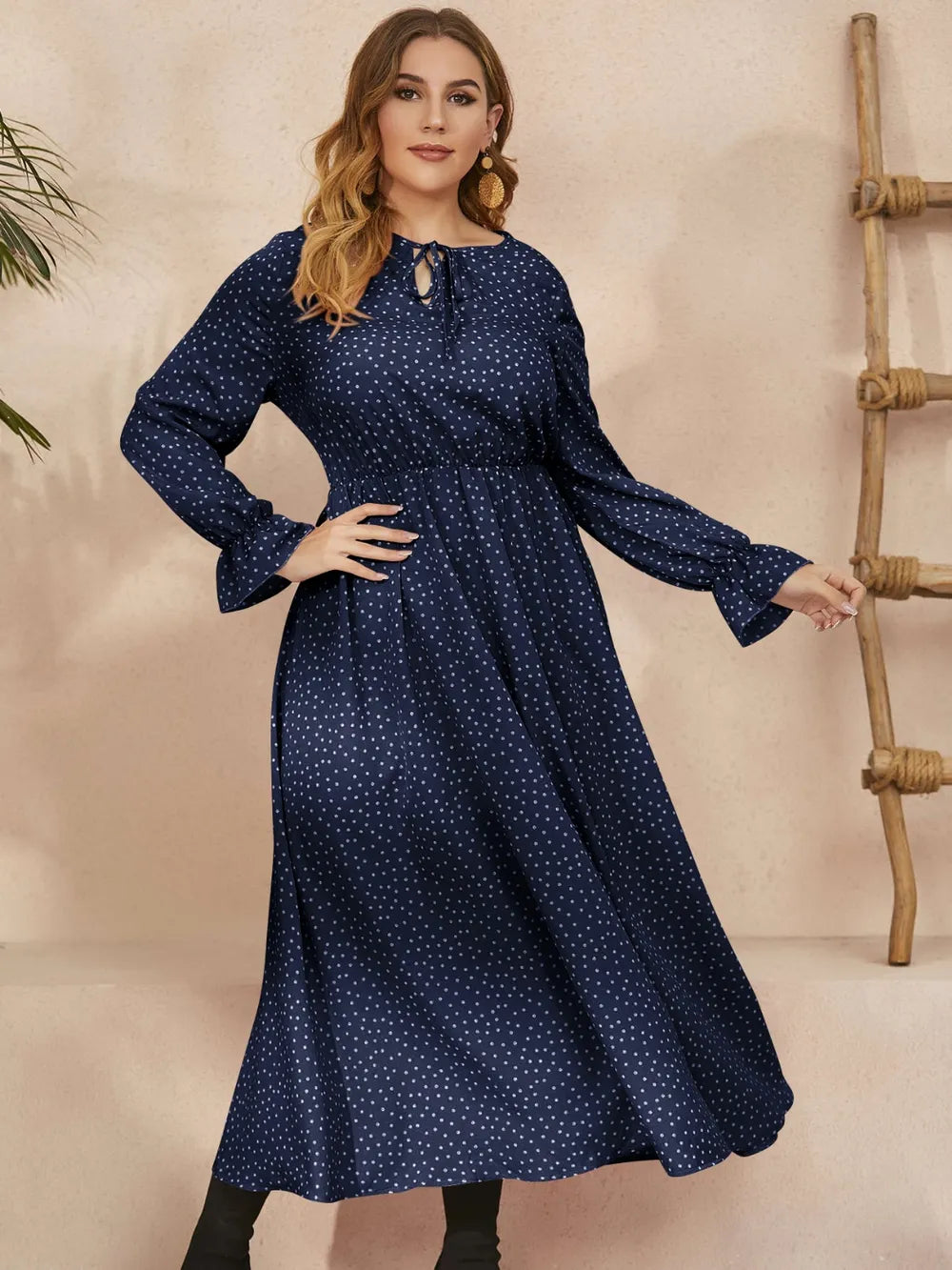 Honey Plus Size Ruffled Polka Dot Long Sleeve Midi Dress - Dresses