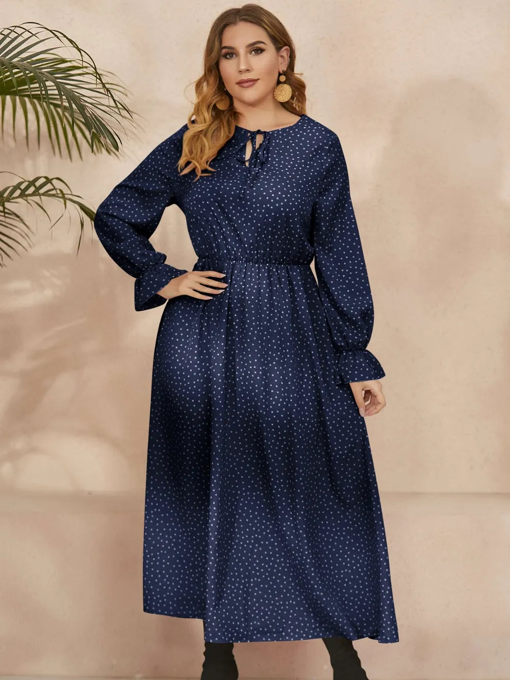 Honey Plus Size Ruffled Polka Dot Long Sleeve Midi Dress - Dresses