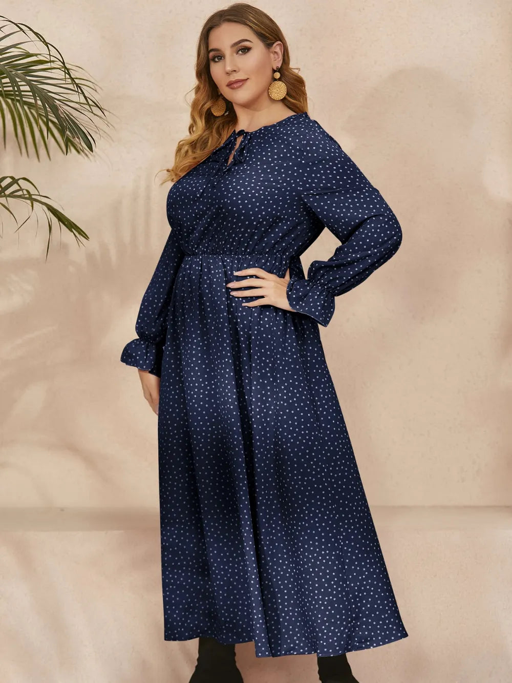 Honey Plus Size Ruffled Polka Dot Long Sleeve Midi Dress - Dresses