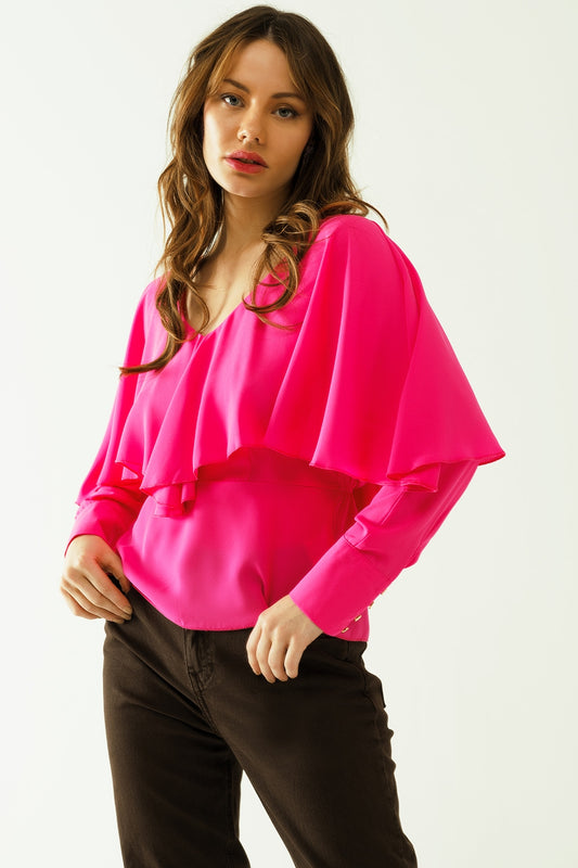 Ruffled V-neck top with buttoned cuffs and tie in the back detal in fuchsia - Tops