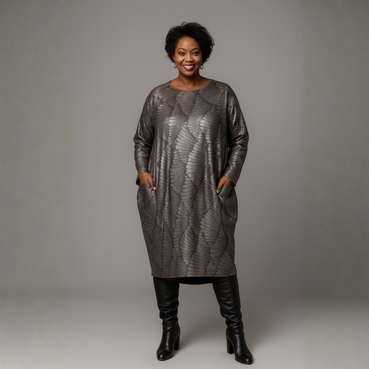 Pewter Metallic Loose Fit Dipped Hem Pocket Dress PEWTER - Dresses