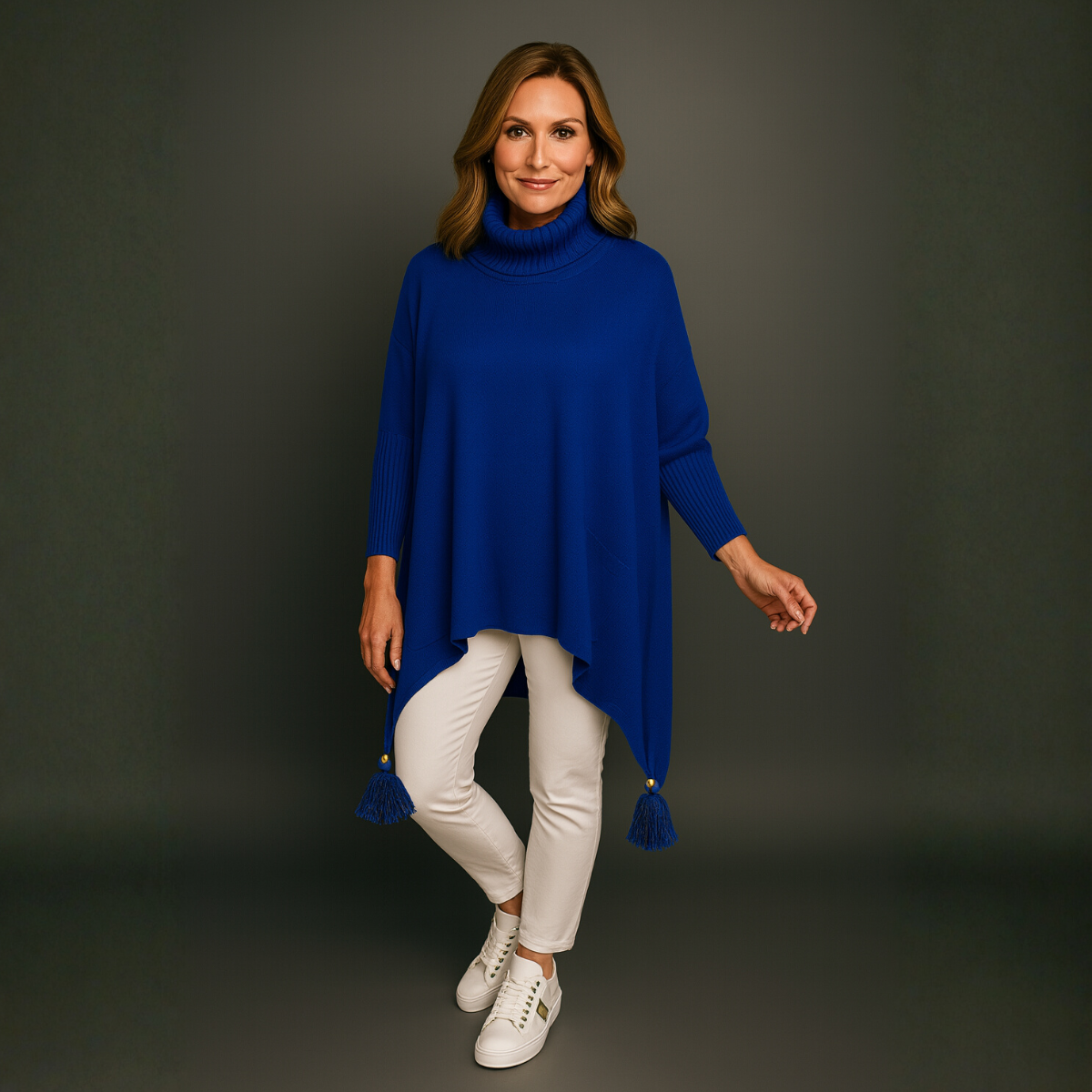 Polo Neck Oversized Jumper with Tassle Detail ROYAL BLUE ONE SIZE - Jumper