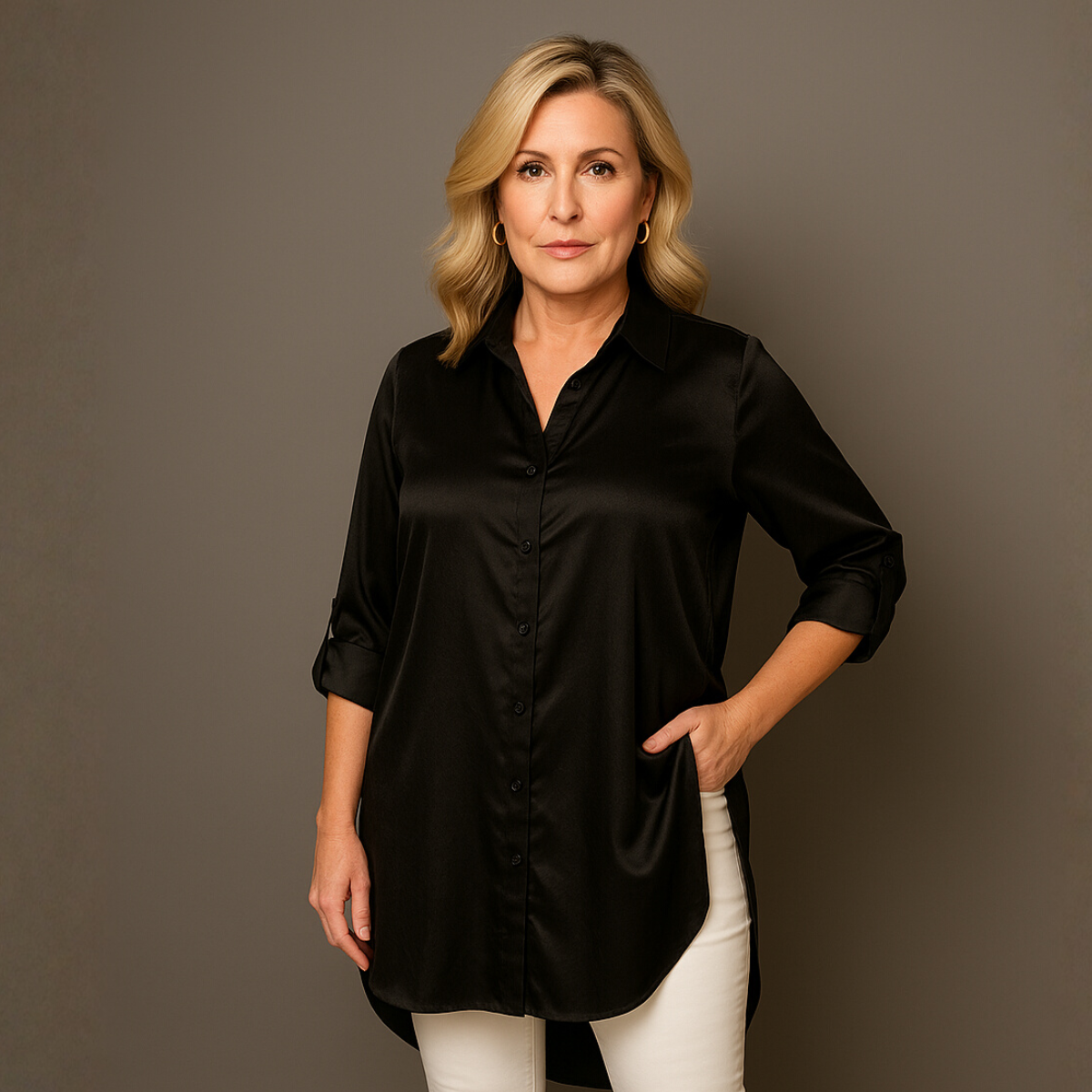 Dipped Hem Satin Shirt with 3/4 button Tab Sleeves - Blouse / Shirt