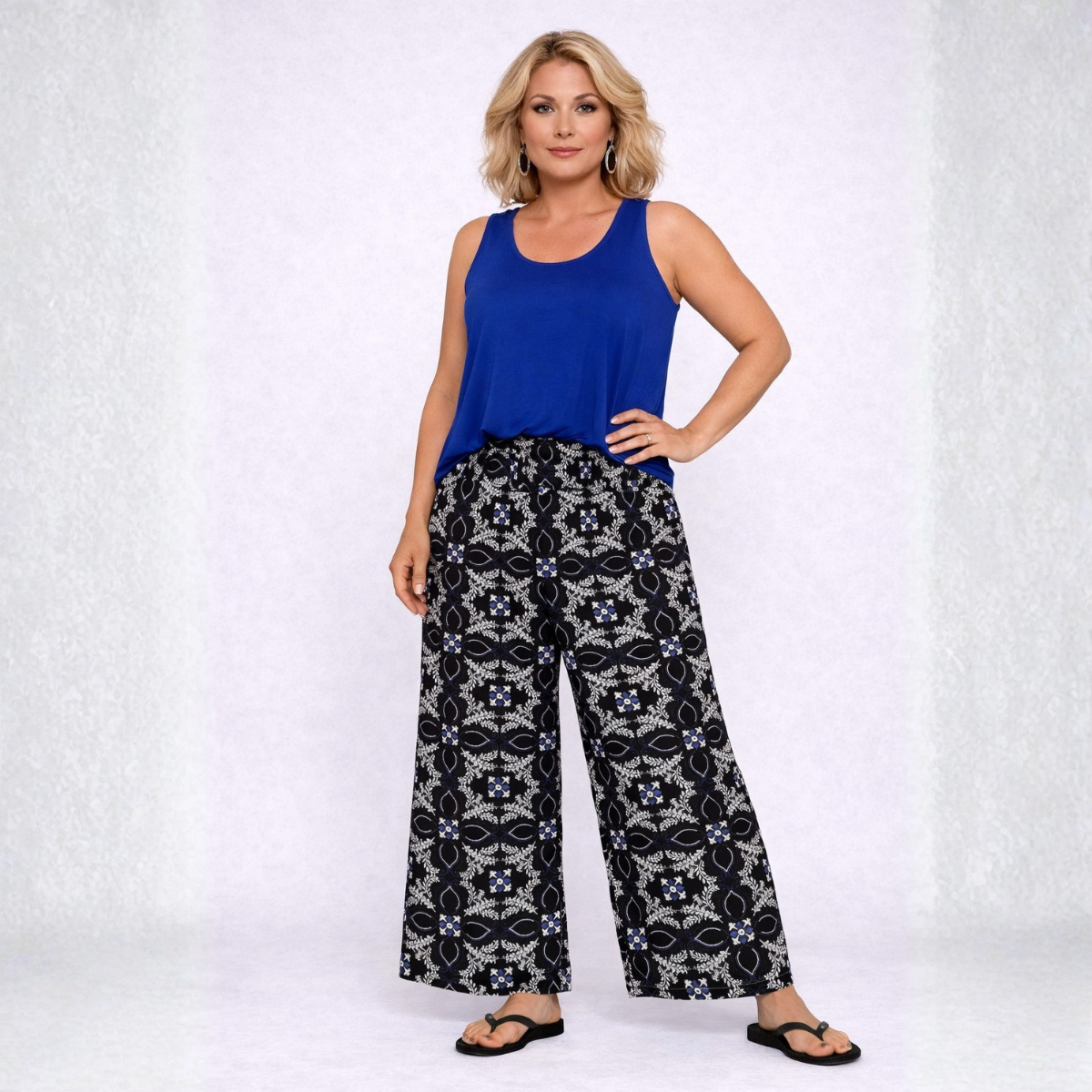 Black Tile Print Elastic Waist Palazzo Trousers BLACK BLUE - palazzo trousers