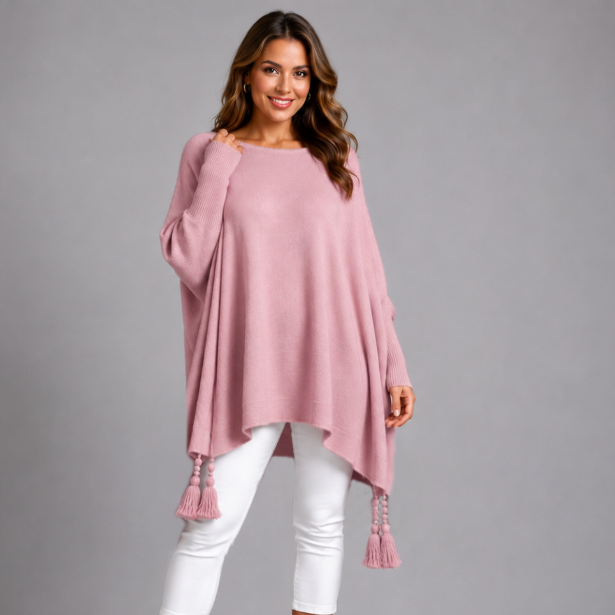 Slash Neck Oversized Jumper with Tassel Detail PINK ONE SIZE - Jumper