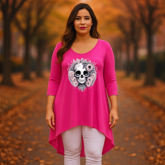 Pink Skull 3/4 SLEEVE DIPPED HEM TOP FUCHSIA - Tops