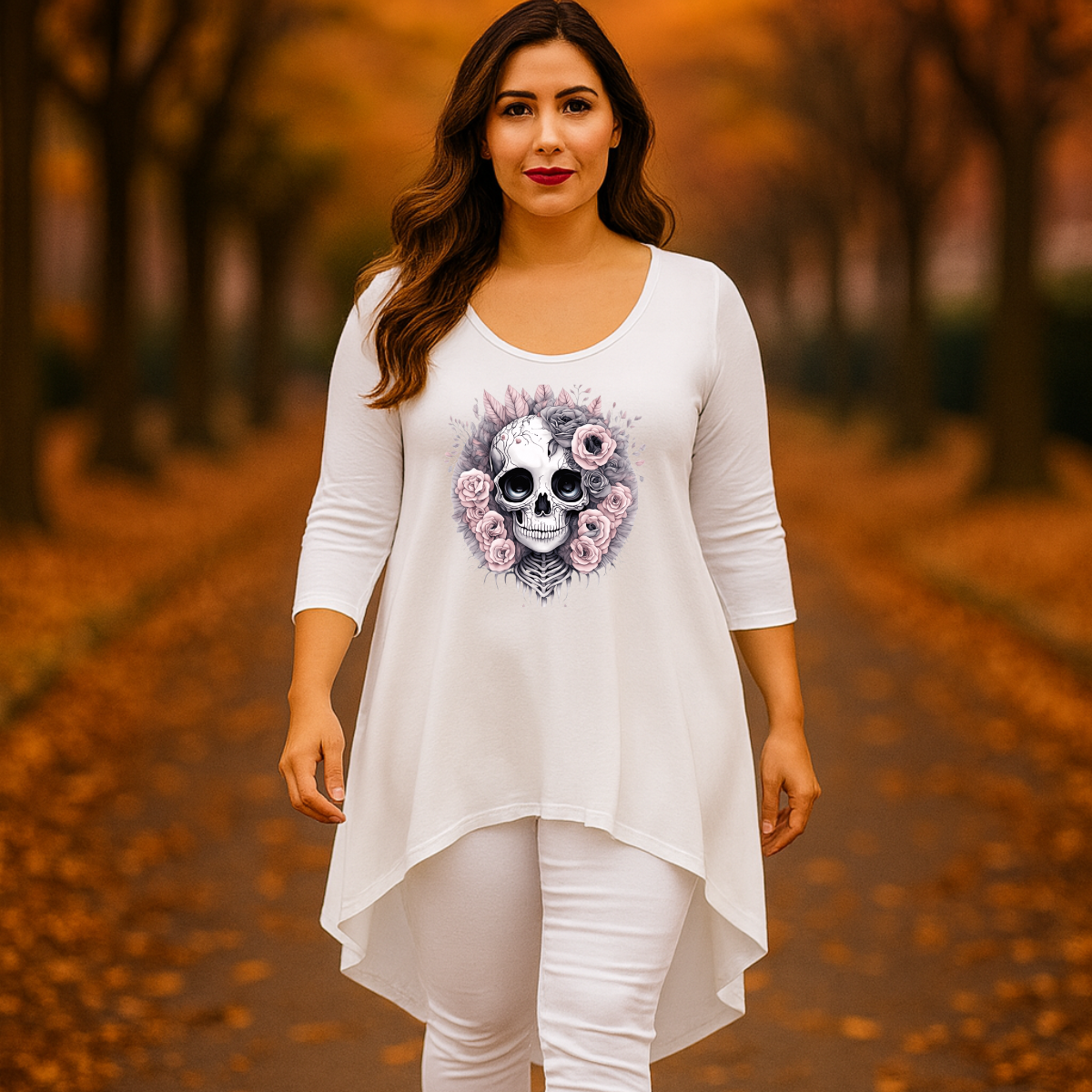 Pink Skull 3/4 SLEEVE DIPPED HEM TOP WHITE - Tops