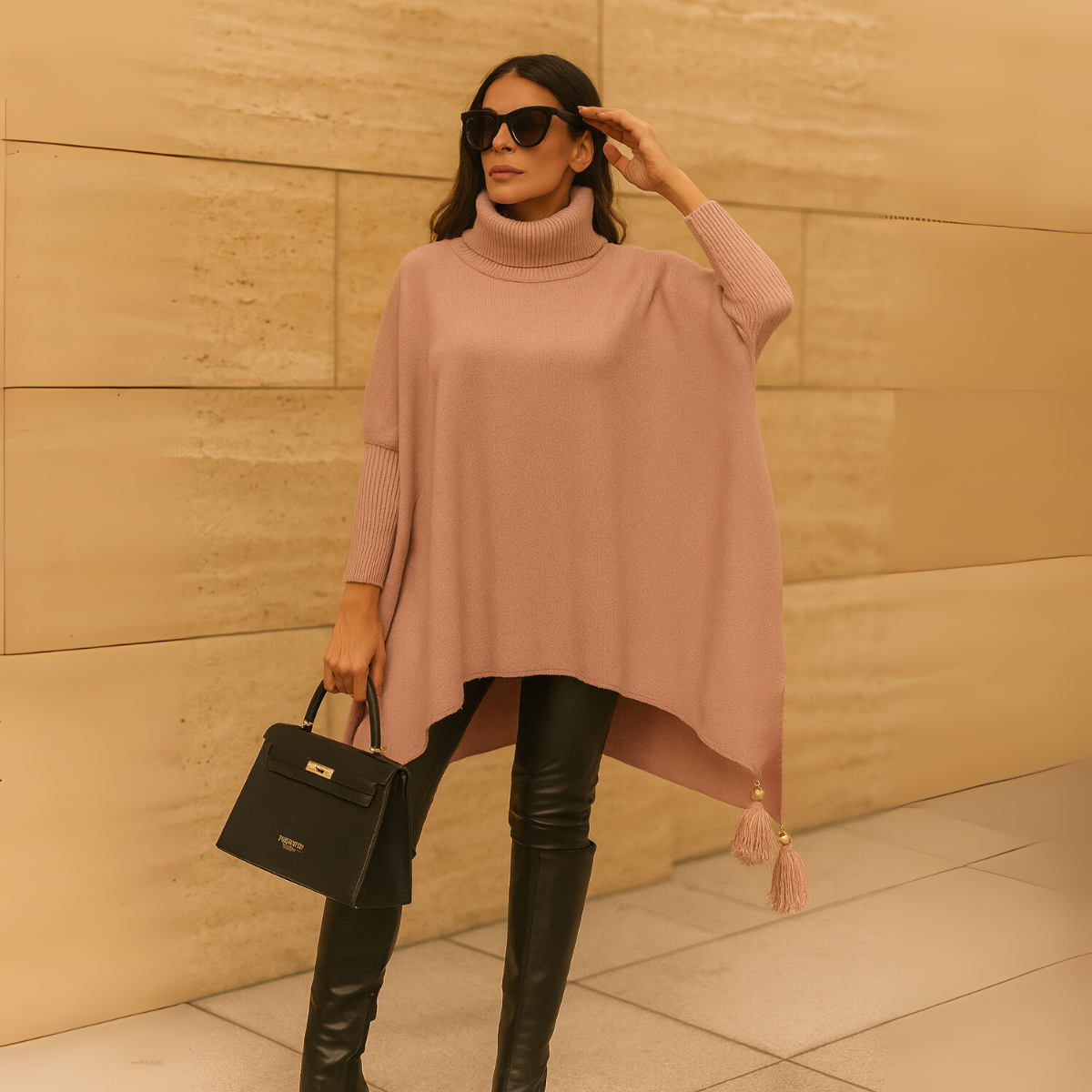 Polo Neck Oversized Jumper with Tassle Detail PINK ONE SIZE - Jumper