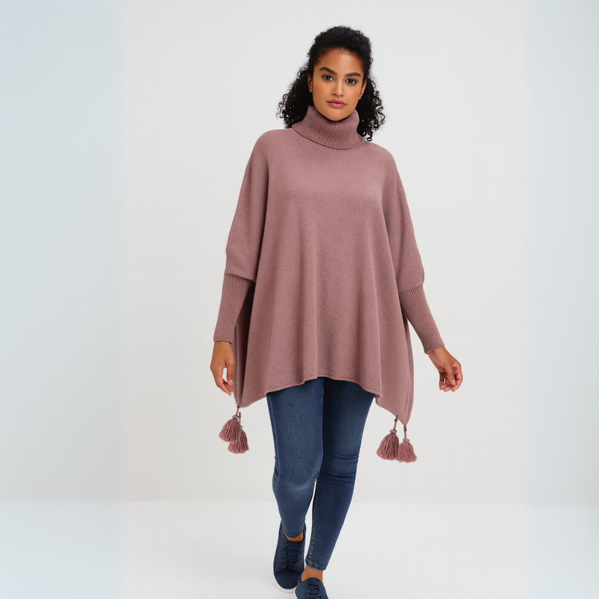 Polo Neck Oversized Jumper with Tassle Detail MAUVE ONE SIZE - Jumper