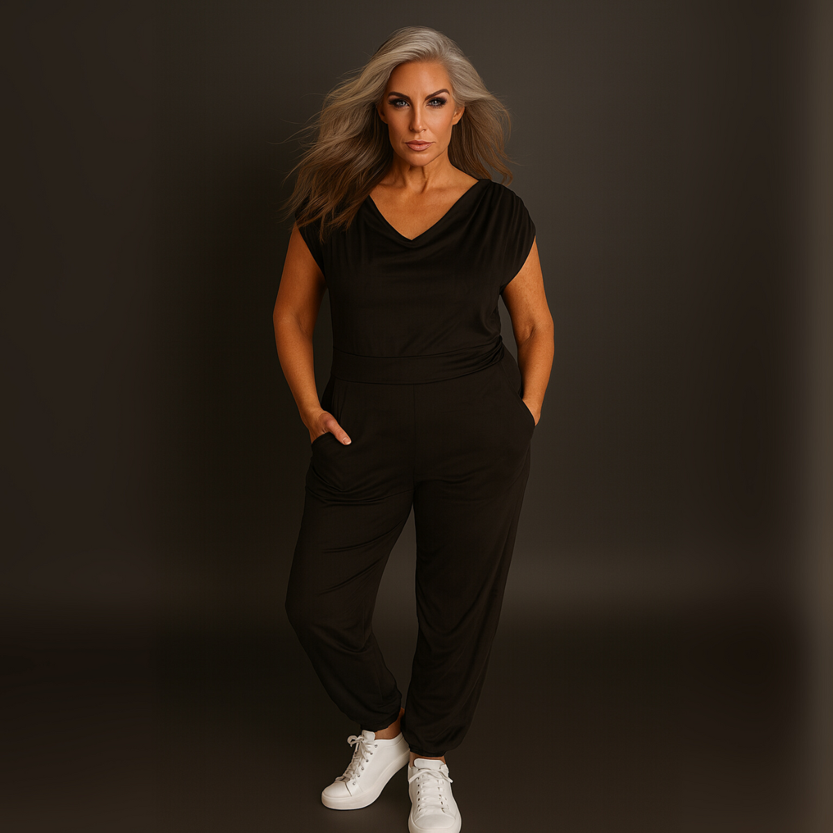 Soft Suedette Cowl Neck Jumpsuit with Pockets BLACK - Jumpsuit