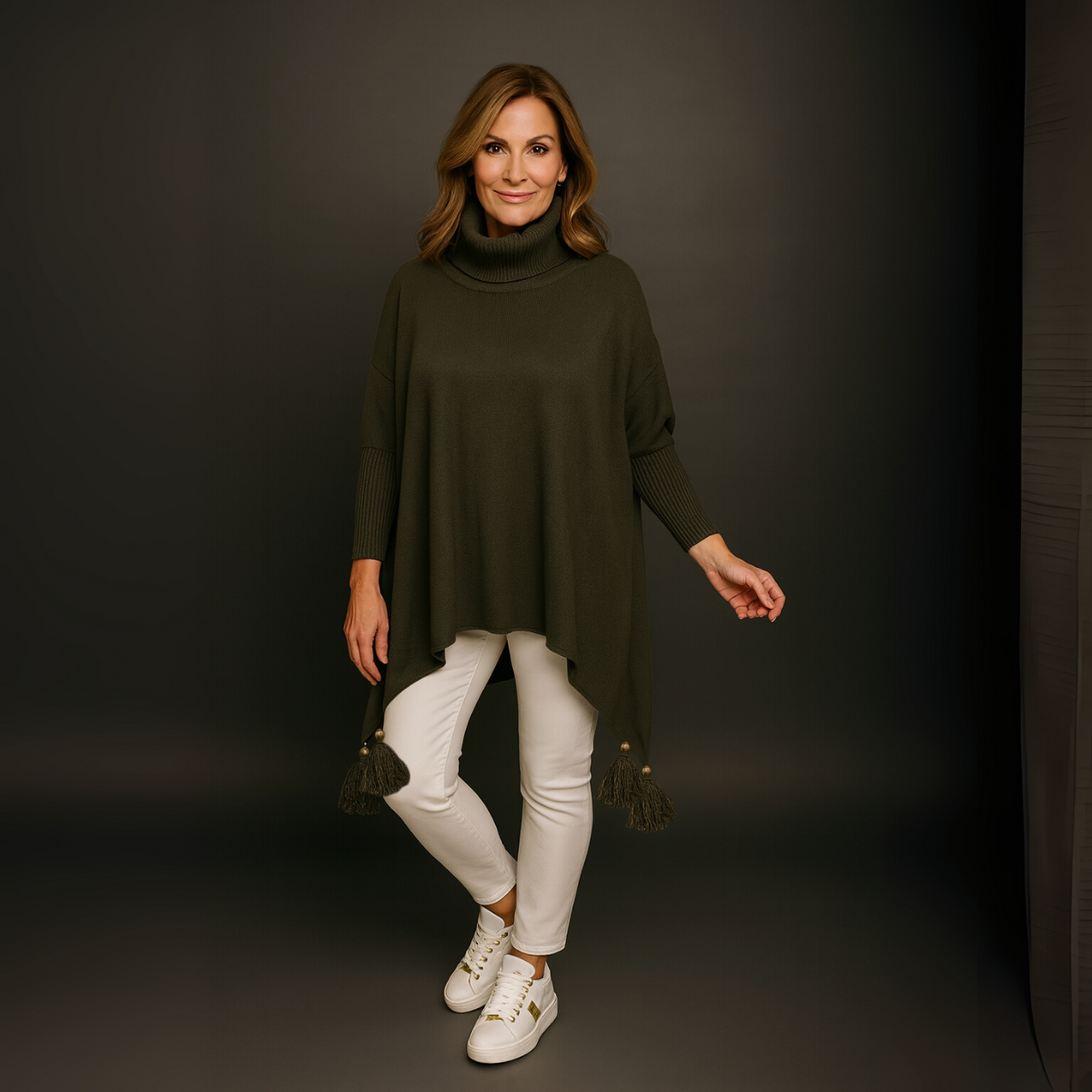 Polo Neck Oversized Jumper with Tassle Detail KHAKI ONE SIZE - Jumper