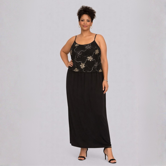 Black Strappy Maxi Dress with Silver Embroidered Overlay Top BLACK SILVER - maxi dress