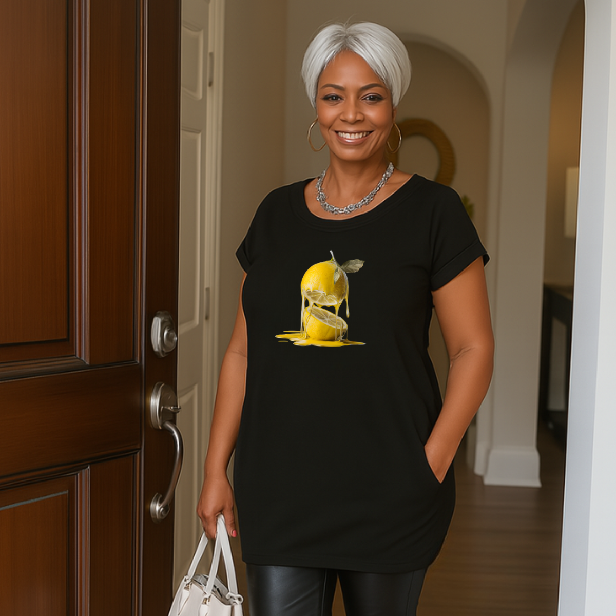 Long Lemon Print Dipped-Hem T-Shirt with Side Pockets BLACK - Tops