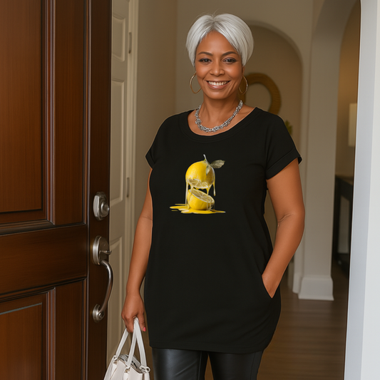 Long Lemon Print Dipped-Hem T-Shirt with Side Pockets BLACK - Tops