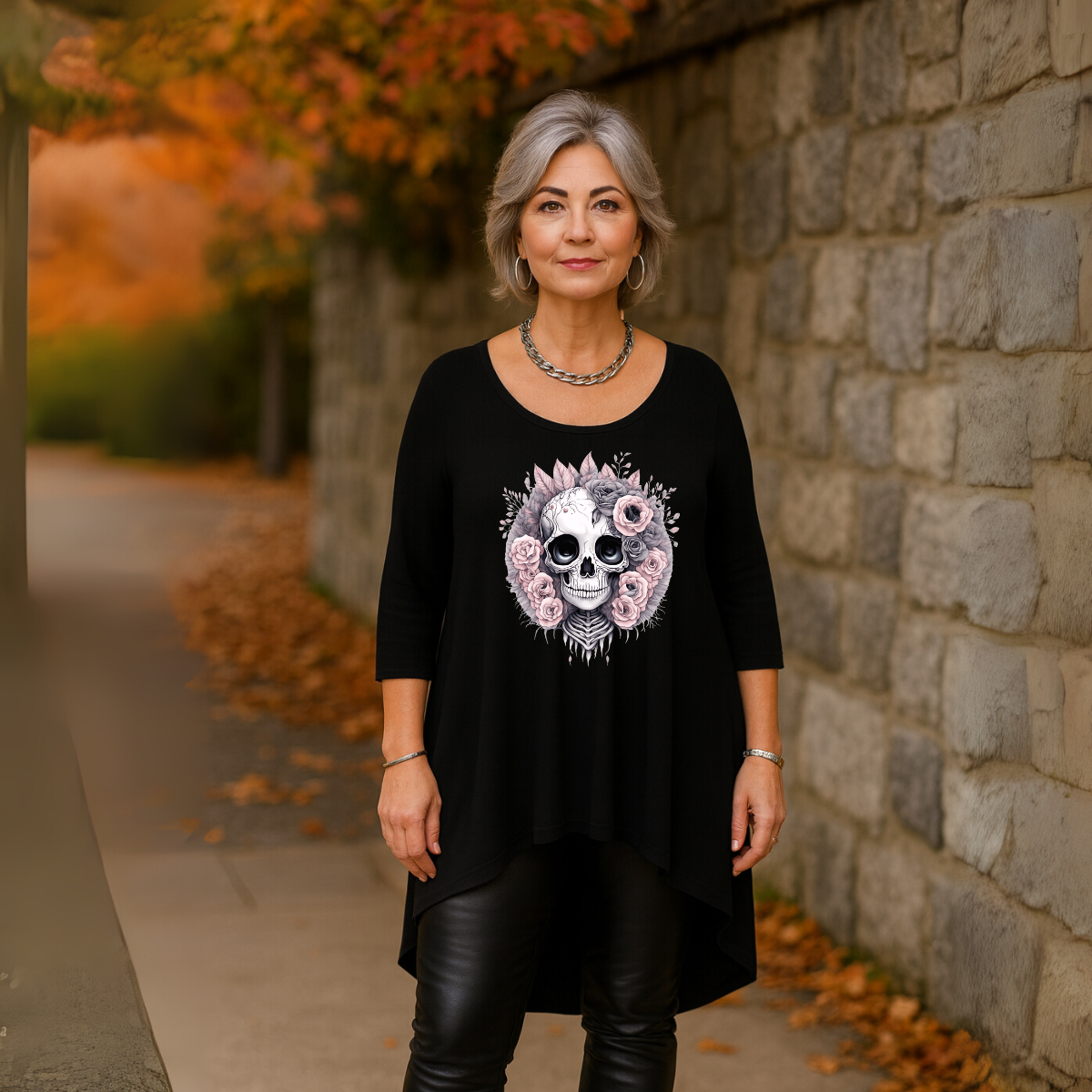 Pink Skull 3/4 SLEEVE DIPPED HEM TOP BLACK - Tops
