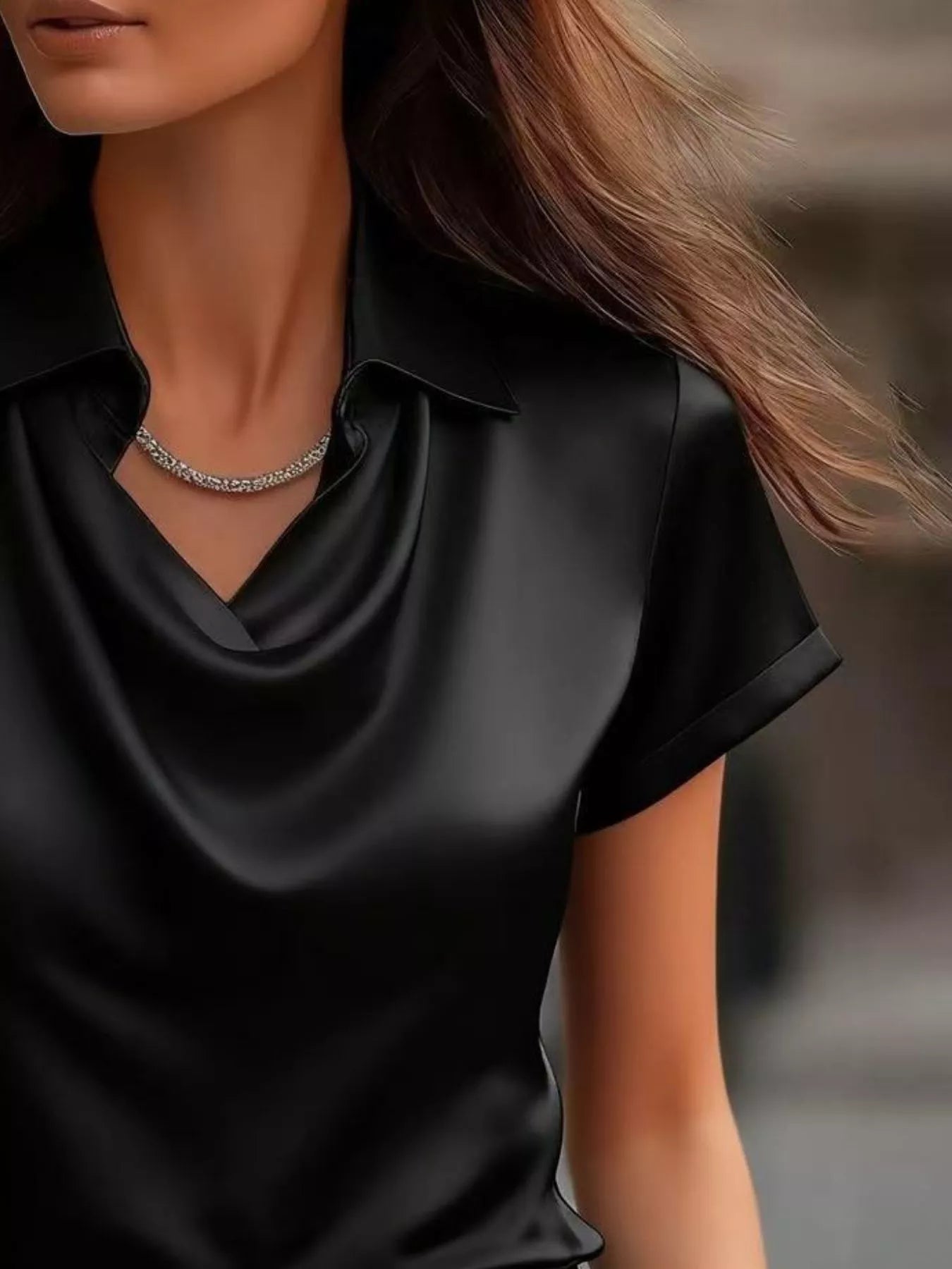 Full Size Cowl Neck Short Sleeve Satin Blouse Plus Size - Blouses