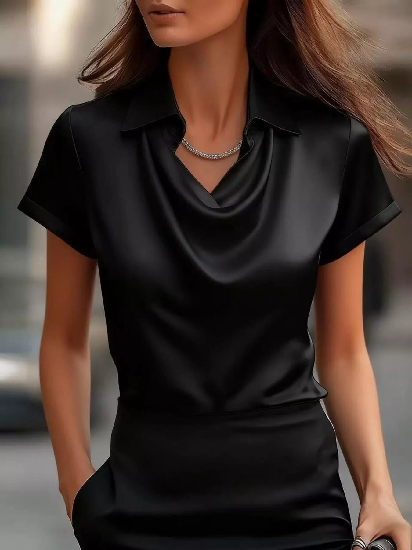 Full Size Cowl Neck Short Sleeve Satin Blouse Plus Size Black - Blouses
