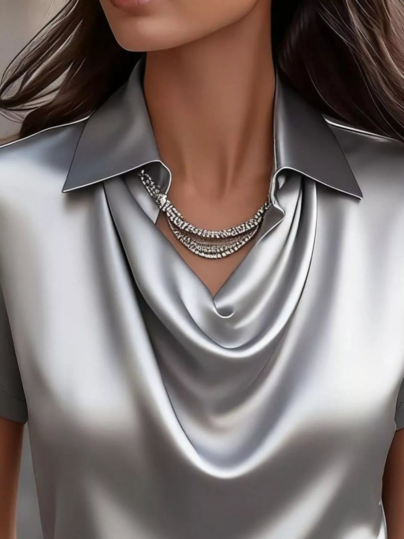 Full Size Cowl Neck Short Sleeve Satin Blouse Plus Size - Blouses
