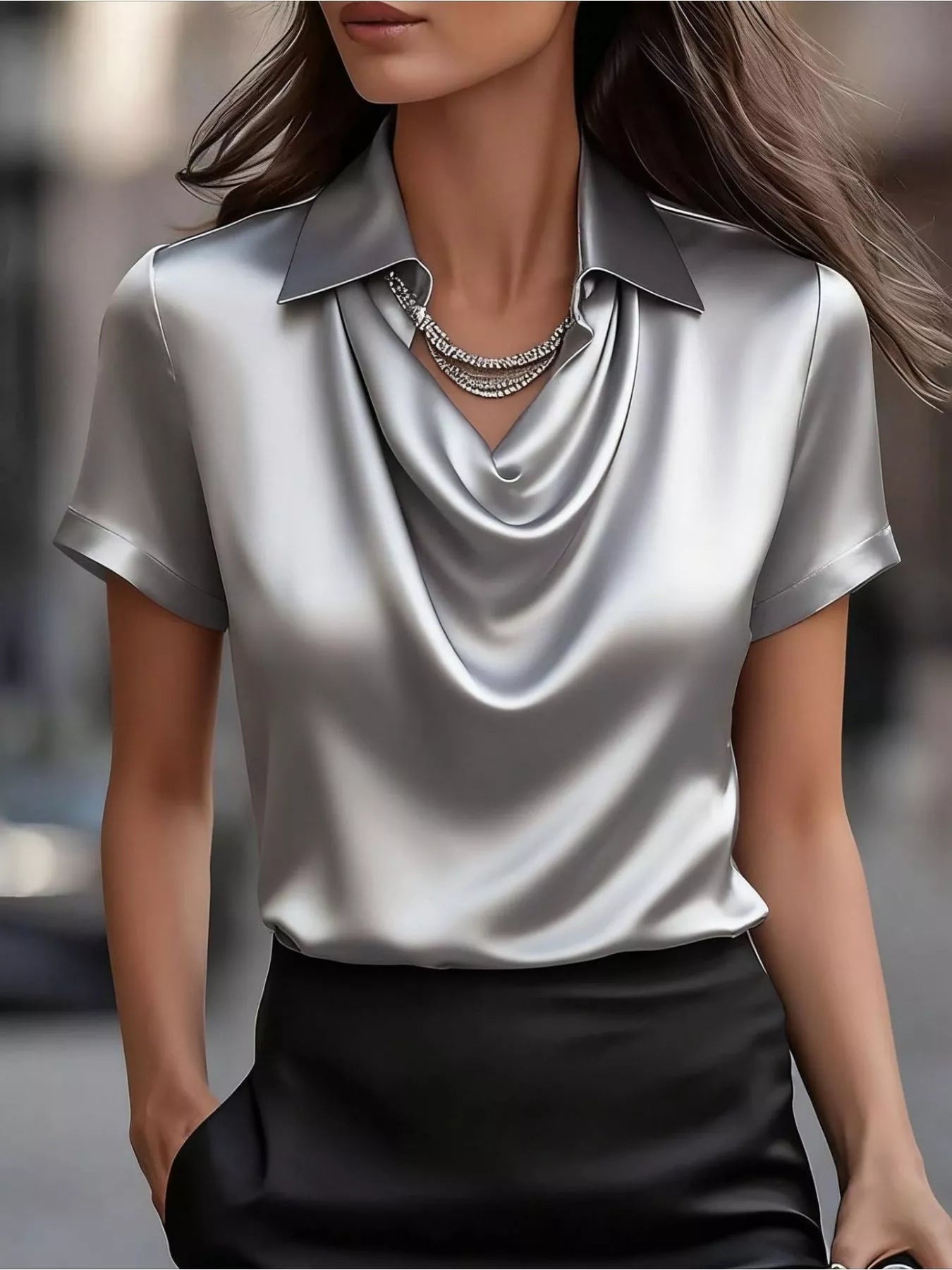 Full Size Cowl Neck Short Sleeve Satin Blouse Plus Size Gray - Blouses