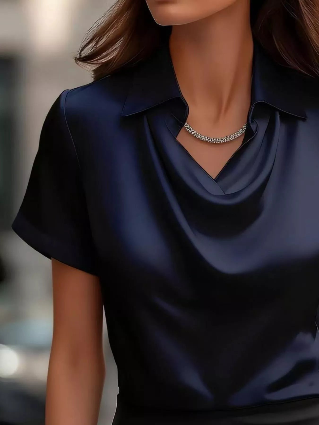Full Size Cowl Neck Short Sleeve Satin Blouse Plus Size - Blouses