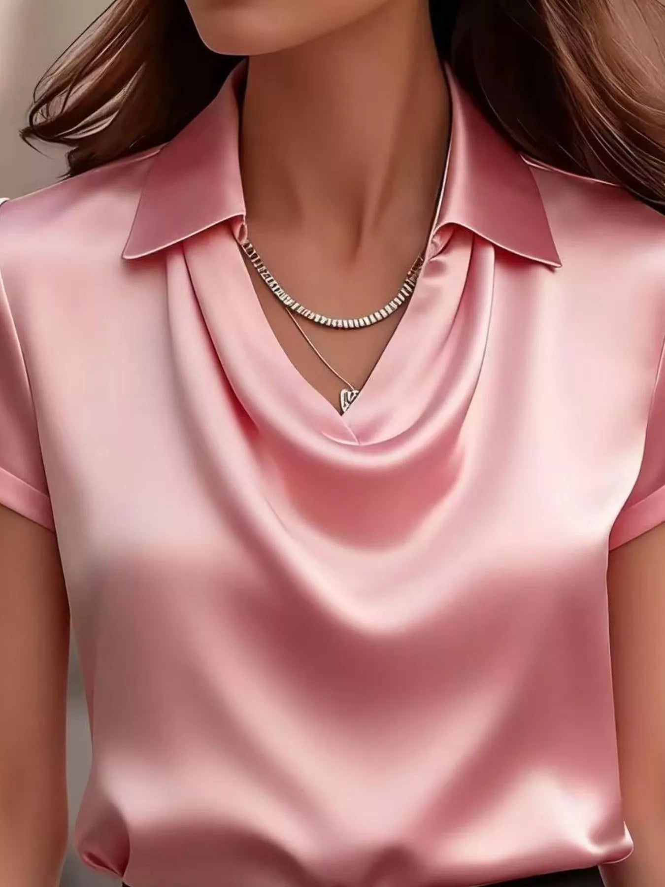 Full Size Cowl Neck Short Sleeve Satin Blouse Plus Size - Blouses