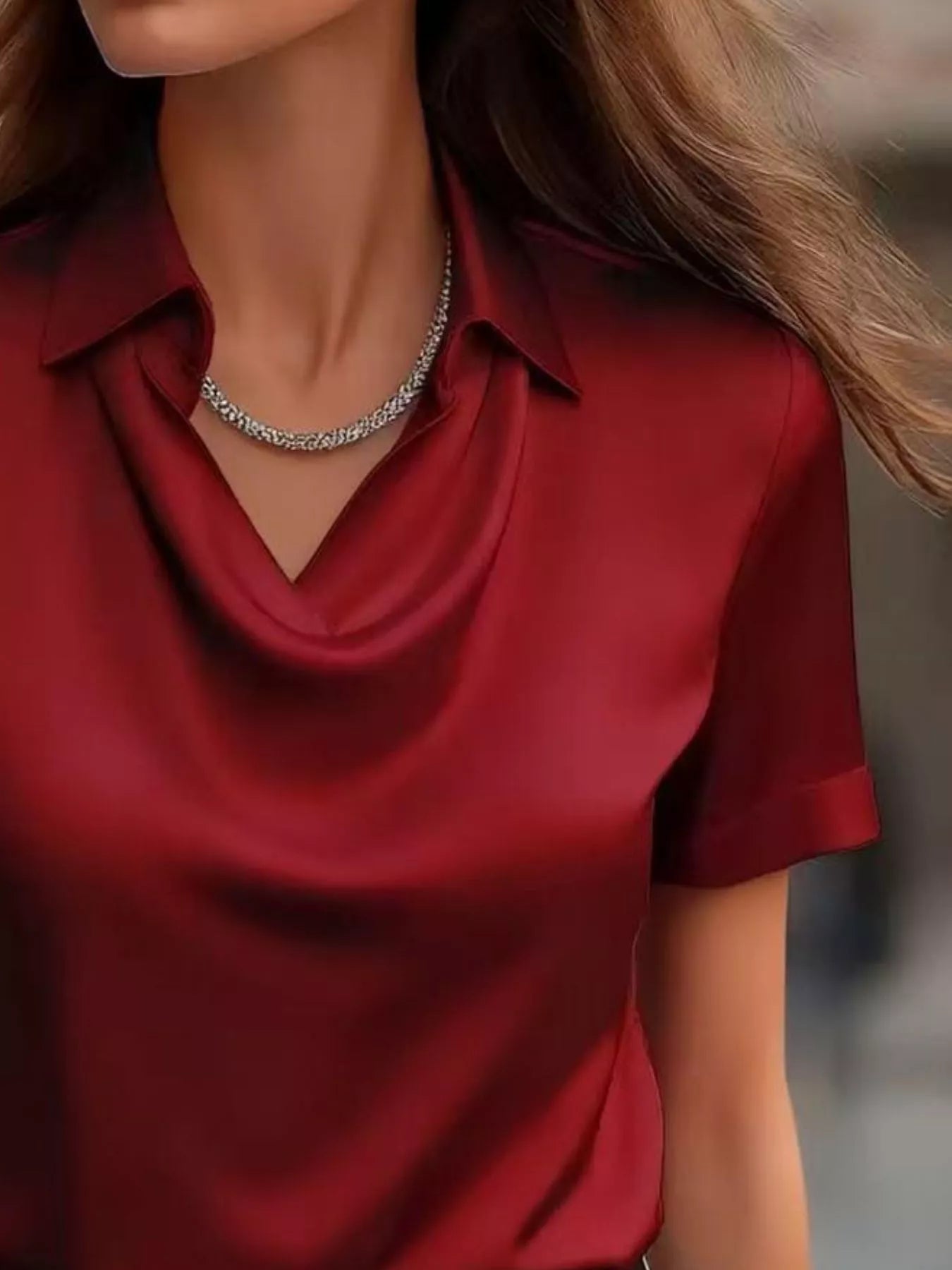 Full Size Cowl Neck Short Sleeve Satin Blouse Plus Size - Blouses