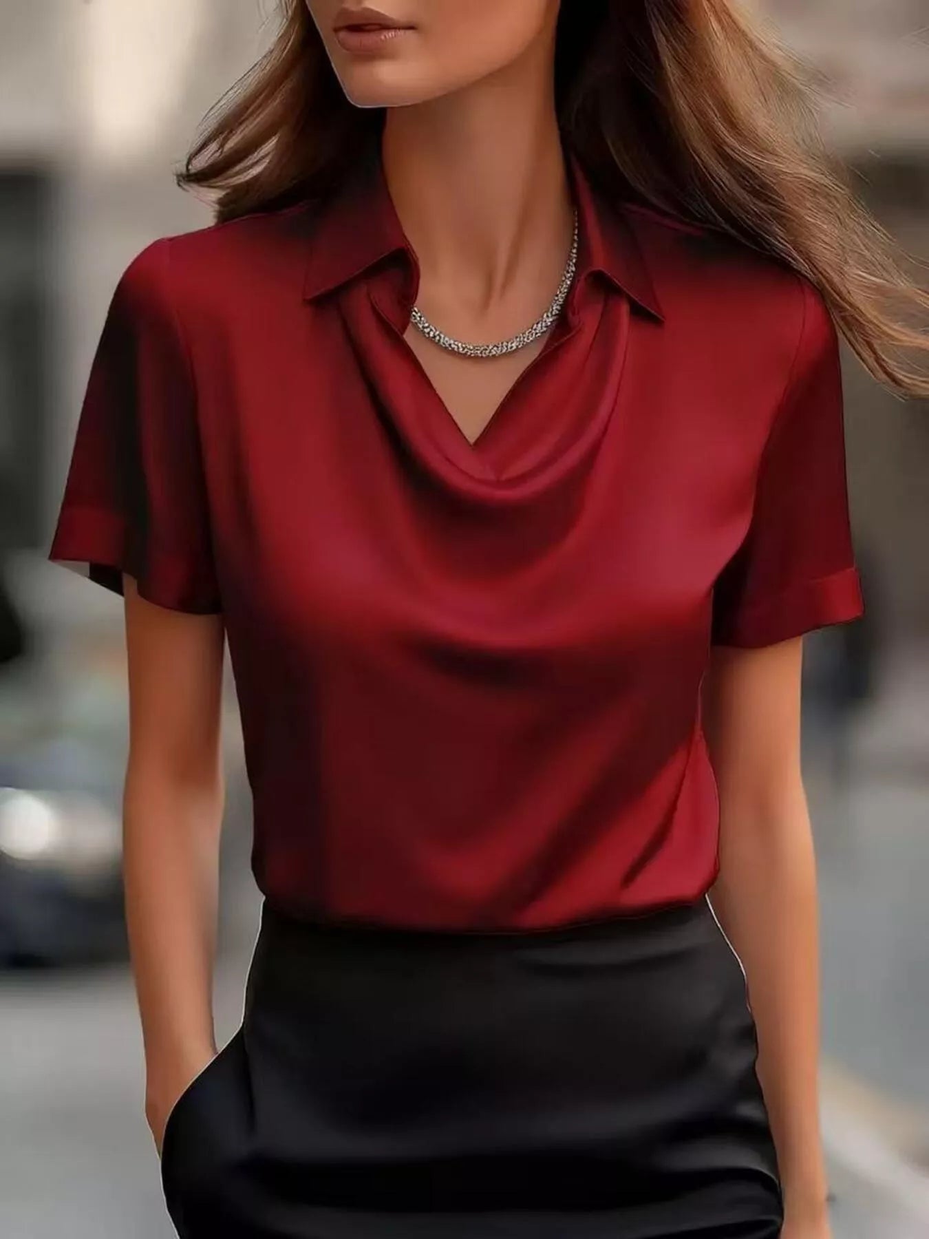 Full Size Cowl Neck Short Sleeve Satin Blouse Plus Size Wine Red - Blouses