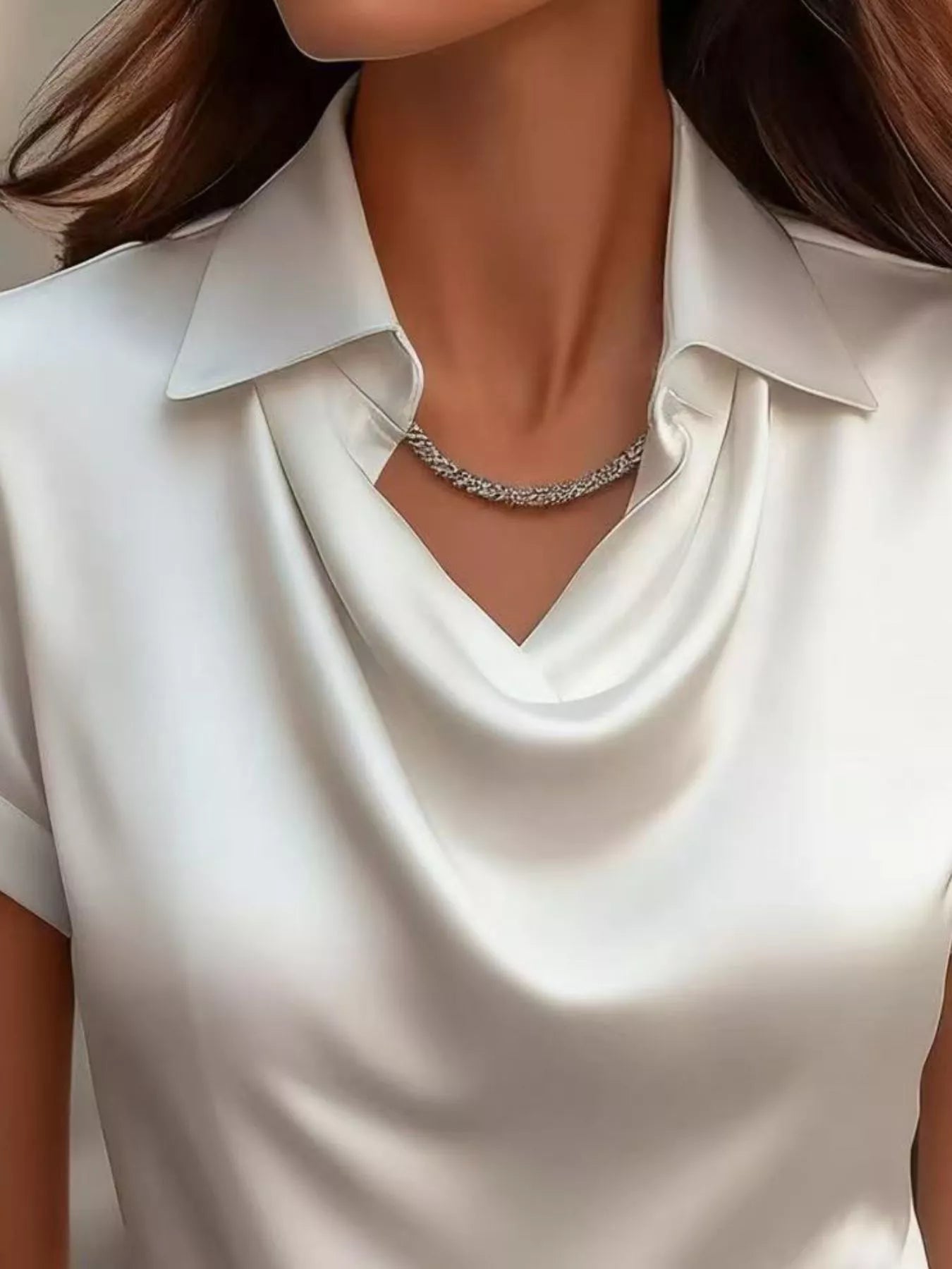 Full Size Cowl Neck Short Sleeve Satin Blouse Plus Size - Blouses