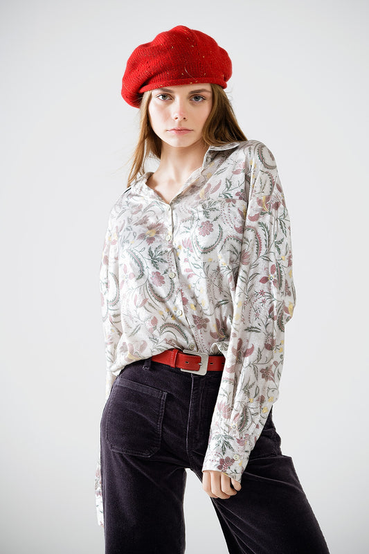 Satin blouse with flower print in grey - Shirts