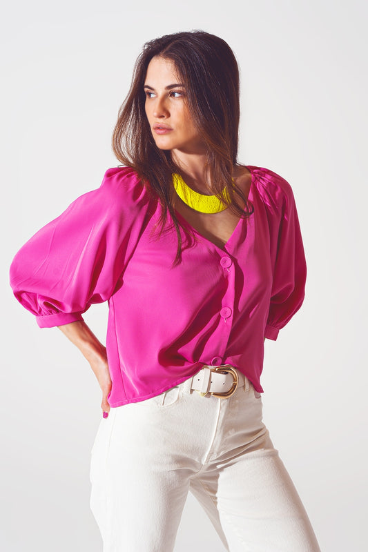 Satin button through shirt in fuchsia - Shirts