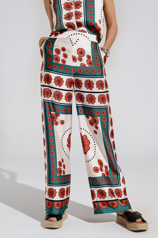 Satin Creme Flared Pants With Floral Design - Trousers