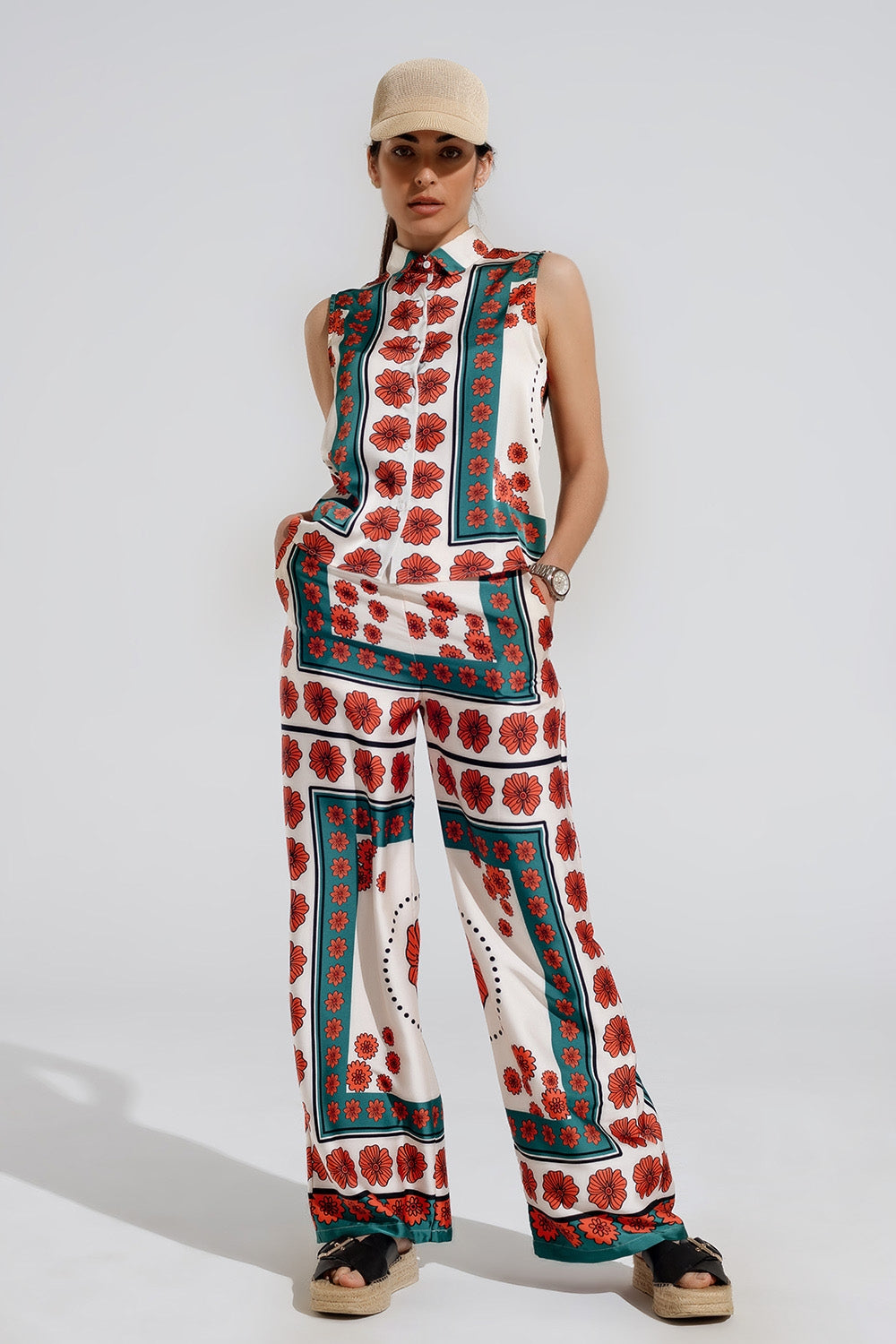 Satin Creme Flared Pants With Floral Design - Trousers