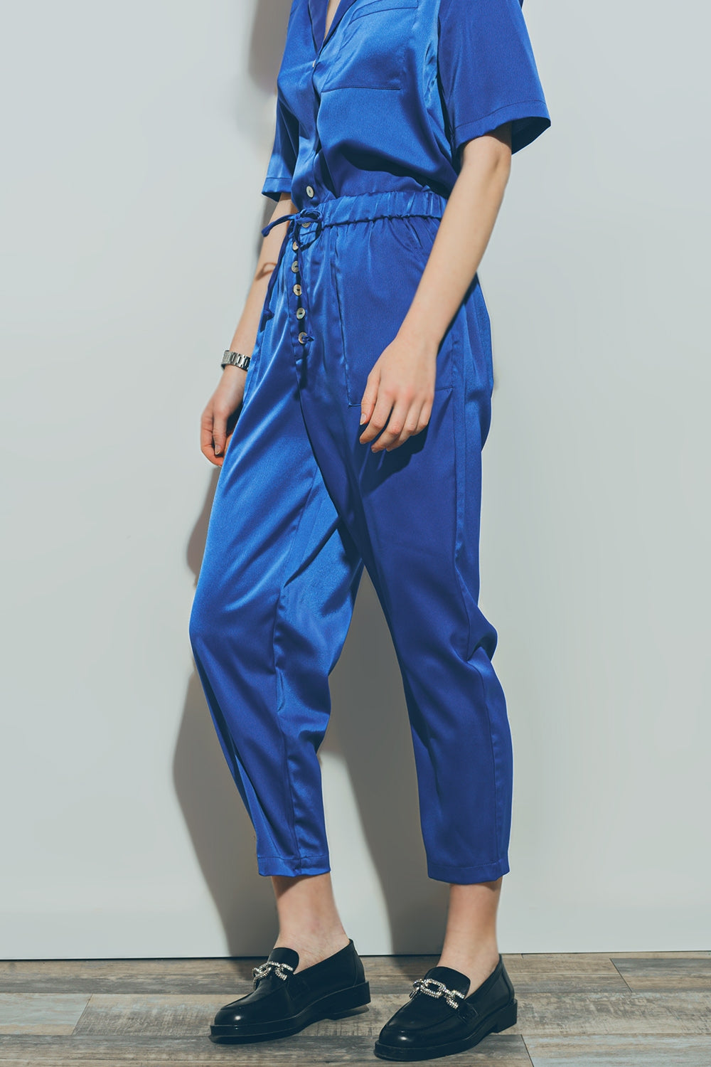 Satin Cropped Pants in Blue - Trousers