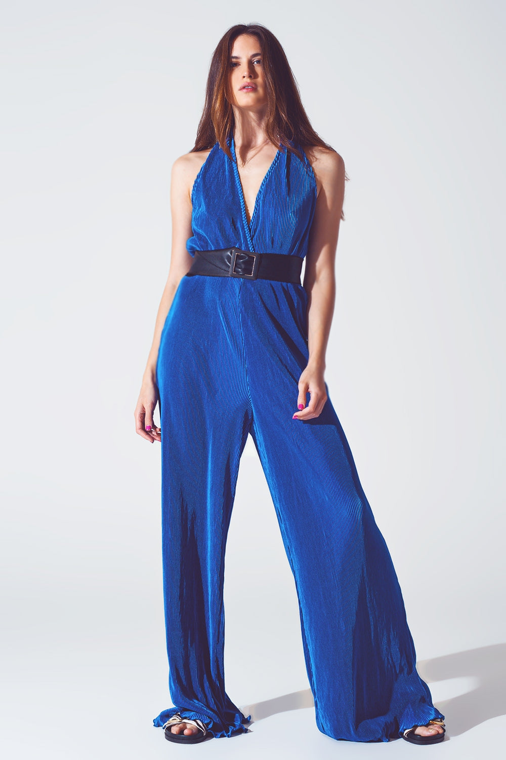 Satin Halter Neck Pleated Maxi Jumpsuit in Blue - Jumpsuits