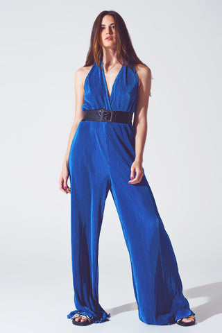 Combinaison longue plissée en satin à col licou en bleu