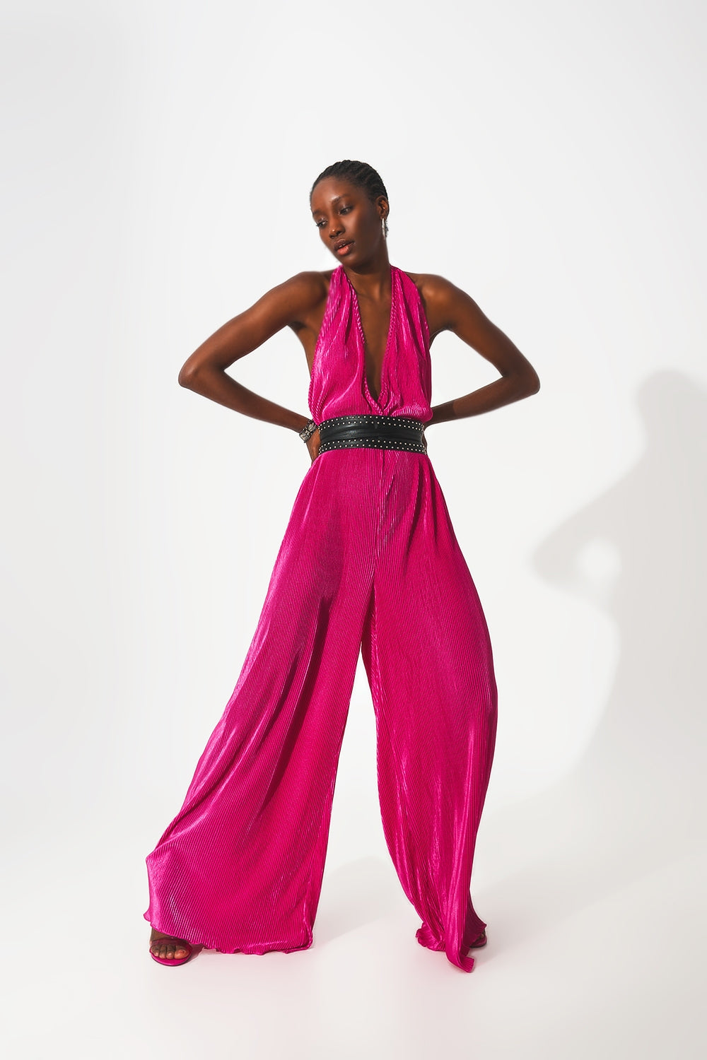 Satin halter neck pleated maxi jumpsuit in fuchsia - Dresses